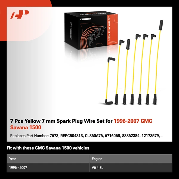 7 Pcs Yellow 7 mm Spark Plug Wire Set for 1996-2007 GMC Savana 1500
