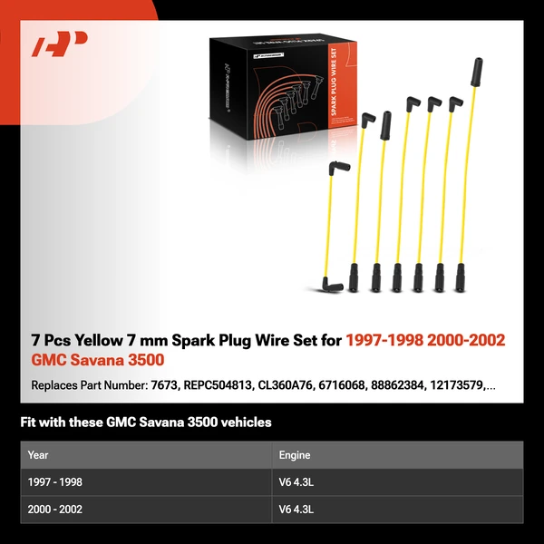 7 Pcs Yellow 7 mm Spark Plug Wire Set for 1997-1998 2000-2002 GMC Savana 3500
