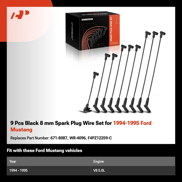 9 Pcs Black 8 mm Spark Plug Wire Set for 1994-1995 Ford Mustang