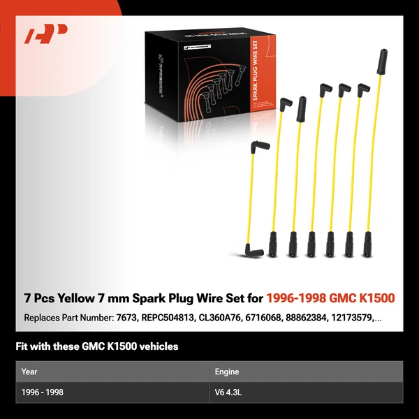 7 Pcs Yellow 7 mm Spark Plug Wire Set for 1996-1998 GMC K1500