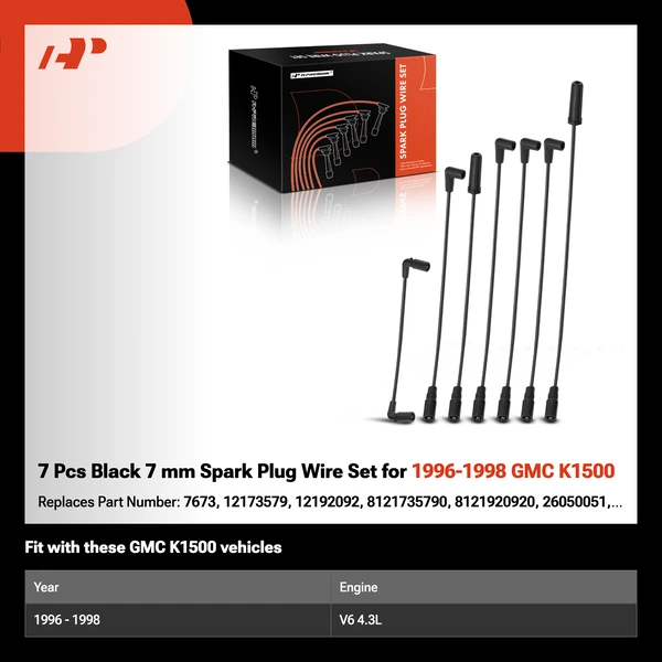 7 Pcs Black 7 mm Spark Plug Wire Set for 1996-1998 GMC K1500