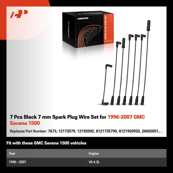 7 Pcs Black 7 mm Spark Plug Wire Set for 1996-2007 GMC Savana 1500