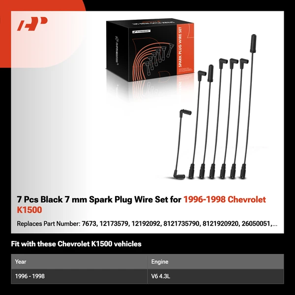 7 Pcs Black 7 mm Spark Plug Wire Set for 1996-1998 Chevrolet K1500