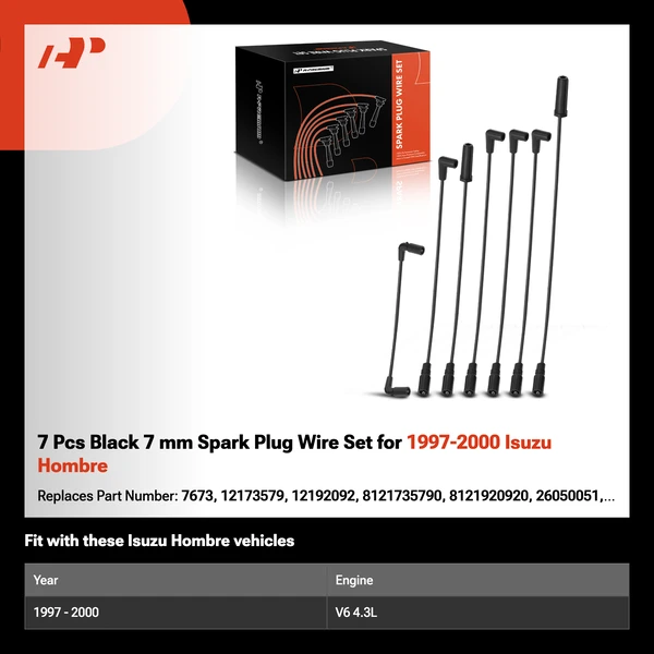 7 Pcs Black 7 mm Spark Plug Wire Set for 1997-2000 Isuzu Hombre