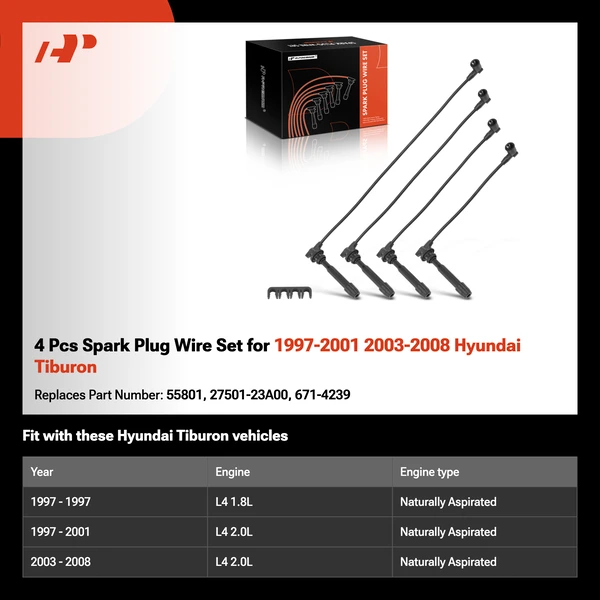 4 Pcs Spark Plug Wire Set for 1997-2001 2003-2008 Hyundai Tiburon