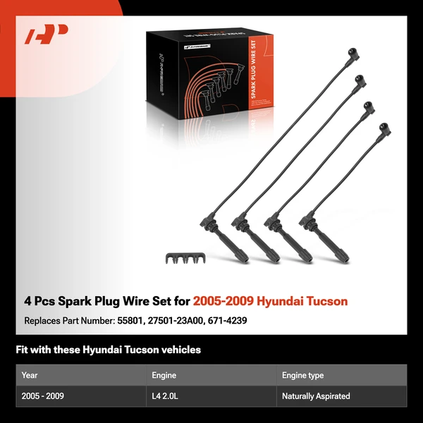 4 Pcs Spark Plug Wire Set for 2005-2009 Hyundai Tucson