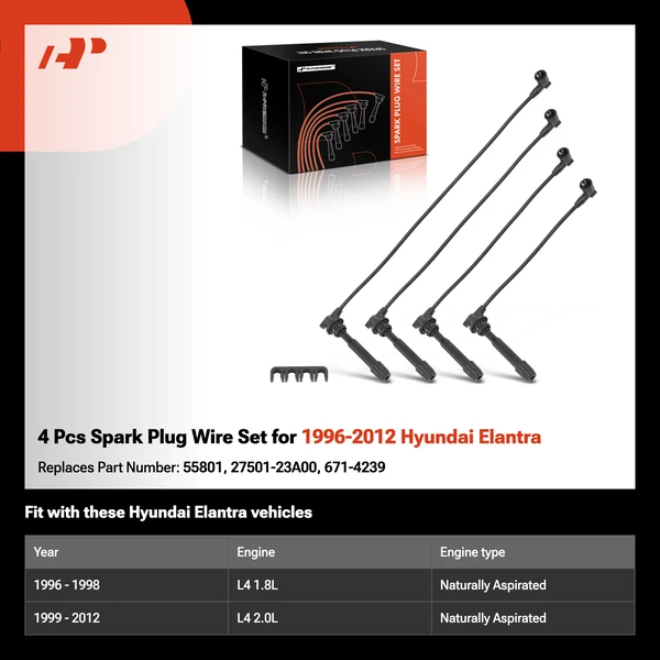 4 Pcs Spark Plug Wire Set for 1996-2012 Hyundai Elantra