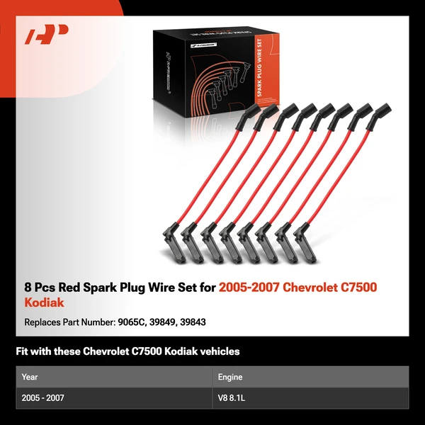 8 Pcs Red Spark Plug Wire Set for 2005-2007 Chevrolet C7500 Kodiak
