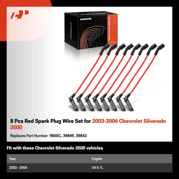 8 Pcs Red Spark Plug Wire Set for 2003-2006 Chevrolet Silverado 3500