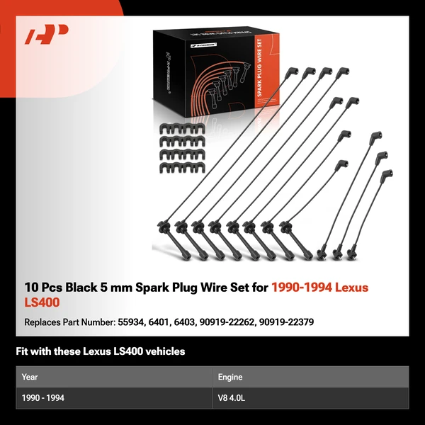 10 Pcs Black 5 mm Spark Plug Wire Set for 1990-1994 Lexus LS400