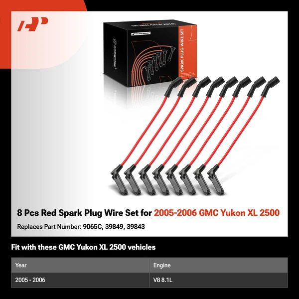 8 Pcs Red Spark Plug Wire Set for 2005-2006 GMC Yukon XL 2500