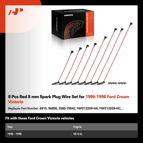 8 Pcs Red 8 mm Spark Plug Wire Set for 1996-1998 Ford Crown Victoria