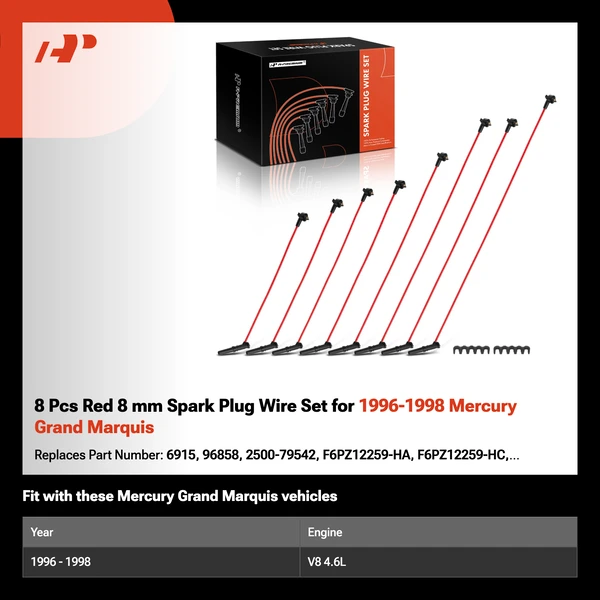 8 Pcs Red 8 mm Spark Plug Wire Set for 1996-1998 Mercury Grand Marquis