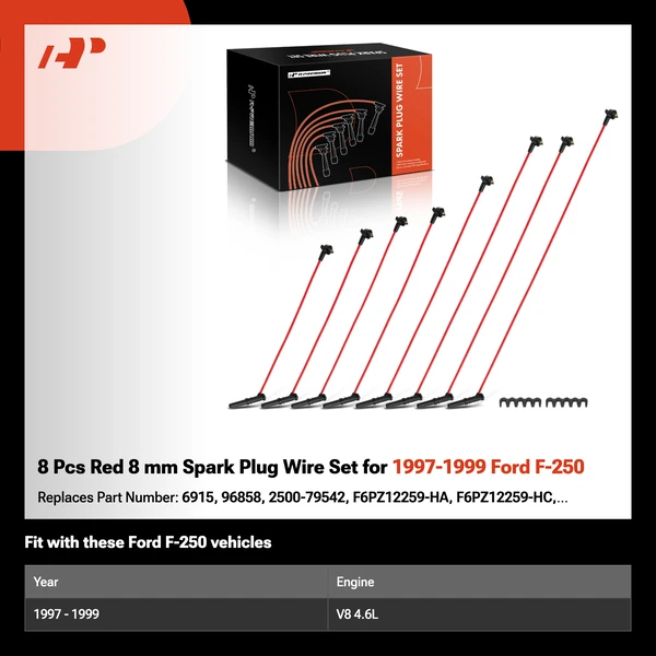 8 Pcs Red 8 mm Spark Plug Wire Set for 1997-1999 Ford F-250