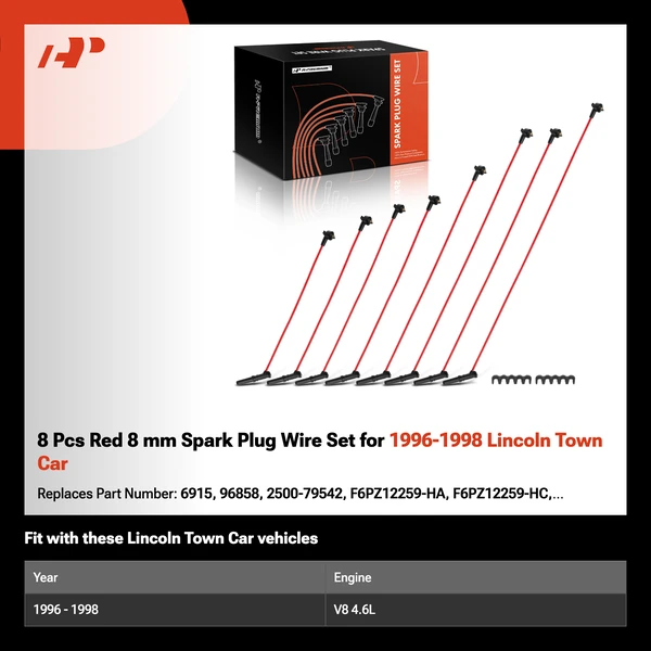 8 Pcs Red 8 mm Spark Plug Wire Set for 1996-1998 Lincoln Town Car