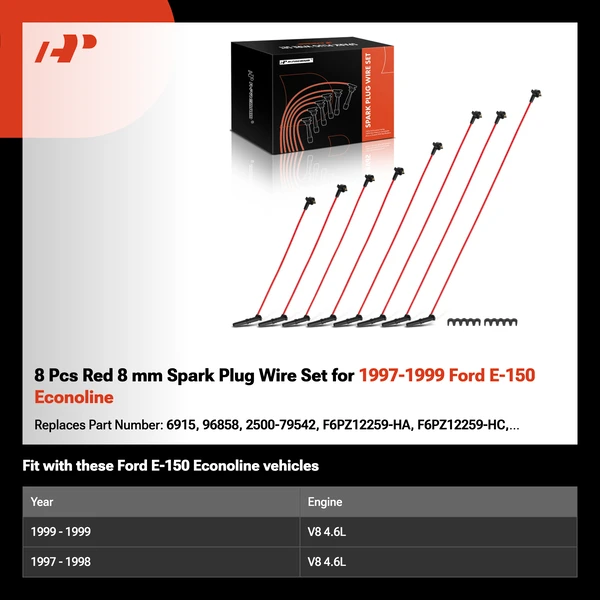 8 Pcs Red 8 mm Spark Plug Wire Set for 1997-1999 Ford E-150 Econoline