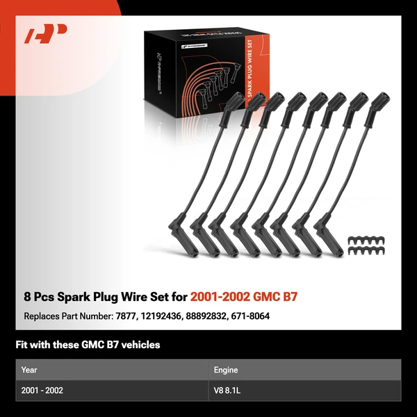 8 Pcs Spark Plug Wire Set for 2001-2002 GMC B7