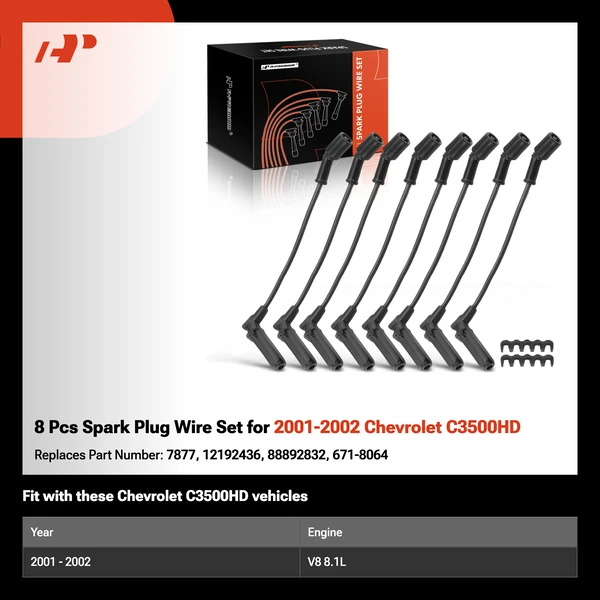 8 Pcs Spark Plug Wire Set for 2001-2002 Chevrolet C3500HD