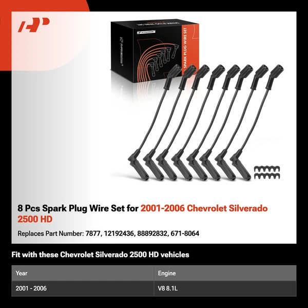 8 Pcs Spark Plug Wire Set for 2001-2006 Chevrolet Silverado 2500 HD