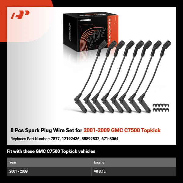 8 Pcs Spark Plug Wire Set for 2001-2009 GMC C7500 Topkick