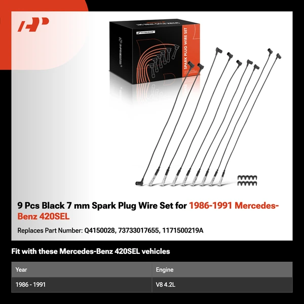 9 Pcs Black 7 mm Spark Plug Wire Set for 1986-1991 Mercedes-Benz 420SEL