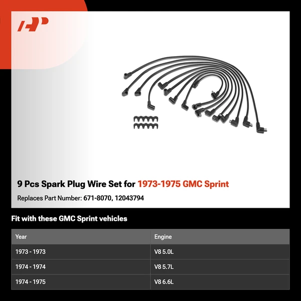9 Pcs Spark Plug Wire Set for 1973-1975 GMC Sprint