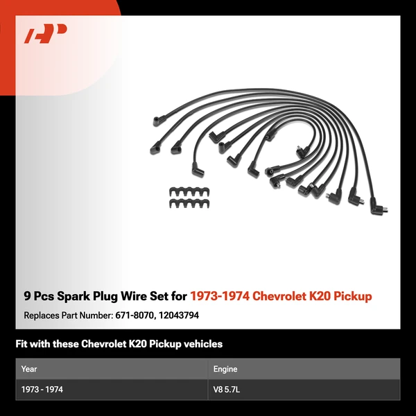 9 Pcs Spark Plug Wire Set for 1973-1974 Chevrolet K20 Pickup
