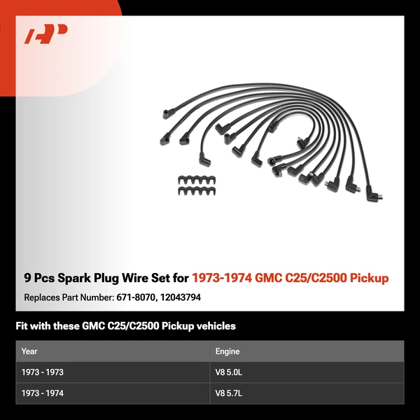 9 Pcs Spark Plug Wire Set for 1973-1974 GMC C25/C2500 Pickup