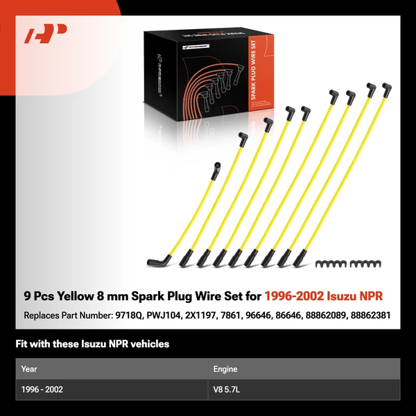 9 Pcs Yellow 8 mm Spark Plug Wire Set for 1996-2002 Isuzu NPR