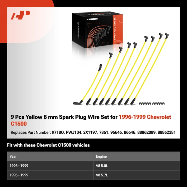 9 Pcs Yellow 8 mm Spark Plug Wire Set for 1996-1999 Chevrolet C1500