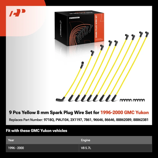 9 Pcs Yellow 8 mm Spark Plug Wire Set for 1996-2000 GMC Yukon