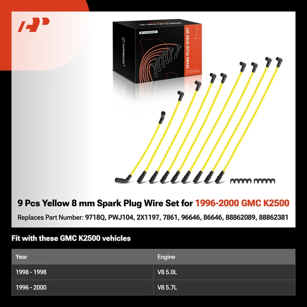 9 Pcs Yellow 8 mm Spark Plug Wire Set for 1996-2000 GMC K2500