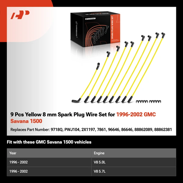 9 Pcs Yellow 8 mm Spark Plug Wire Set for 1996-2002 GMC Savana 1500