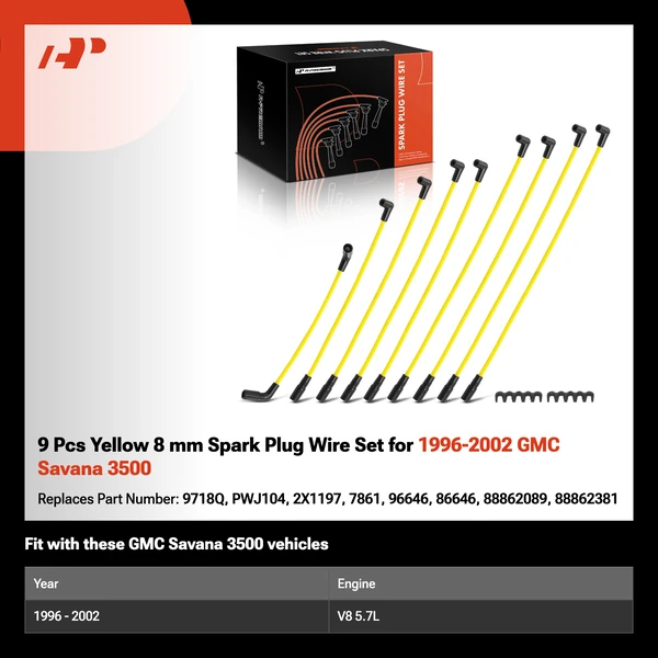 9 Pcs Yellow 8 mm Spark Plug Wire Set for 1996-2002 GMC Savana 3500