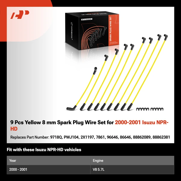 9 Pcs Yellow 8 mm Spark Plug Wire Set for 2000-2001 Isuzu NPR-HD