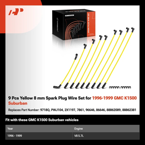 9 Pcs Yellow 8 mm Spark Plug Wire Set for 1996-1999 GMC K1500 Suburban