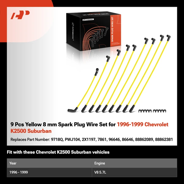 9 Pcs Yellow 8 mm Spark Plug Wire Set for 1996-1999 Chevrolet K2500 Suburban
