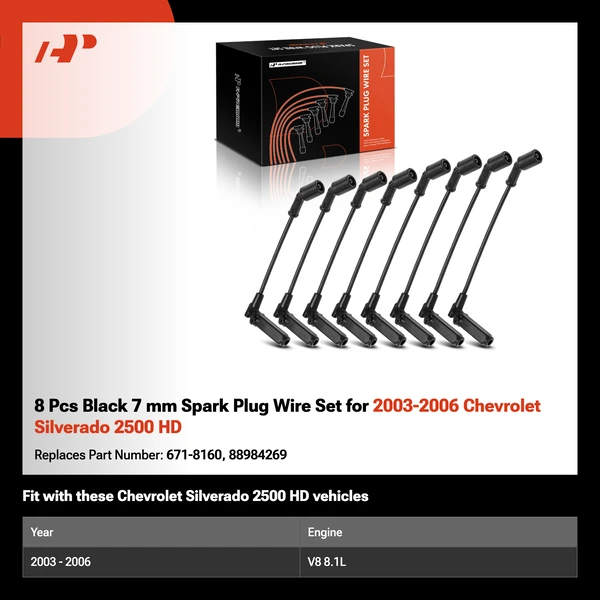 8 Pcs Black 7 mm Spark Plug Wire Set for 2003-2006 Chevrolet Silverado 2500 HD