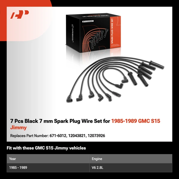 7 Pcs Black 7 mm Spark Plug Wire Set for 1985-1989 GMC S15 Jimmy