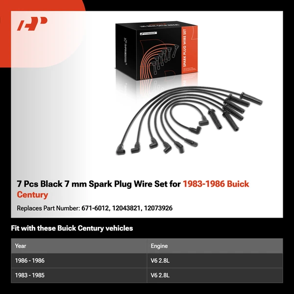 7 Pcs Black 7 mm Spark Plug Wire Set for 1983-1986 Buick Century