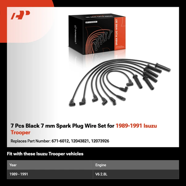 7 Pcs Black 7 mm Spark Plug Wire Set for 1989-1991 Isuzu Trooper