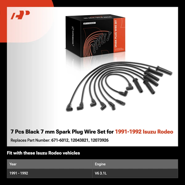 7 Pcs Black 7 mm Spark Plug Wire Set for 1991-1992 Isuzu Rodeo