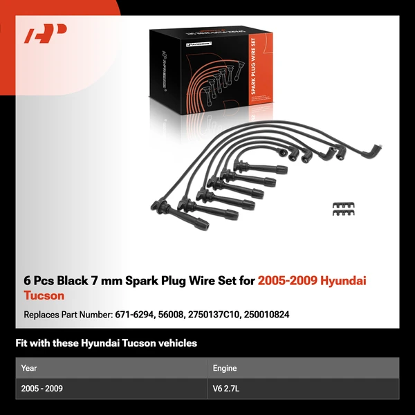 6 Pcs Black 7 mm Spark Plug Wire Set for 2005-2009 Hyundai Tucson
