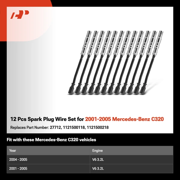 12 Pcs Spark Plug Wire Set for 2001-2005 Mercedes-Benz C320