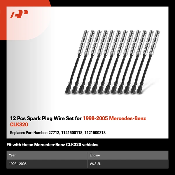 12 Pcs Spark Plug Wire Set for 1998-2005 Mercedes-Benz CLK320