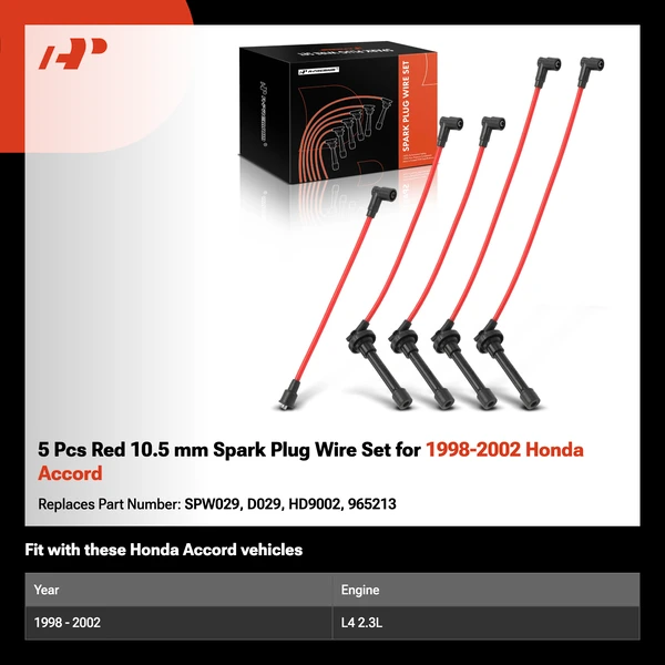 5 Pcs Red 10.5 mm Spark Plug Wire Set for 1998-2002 Honda Accord