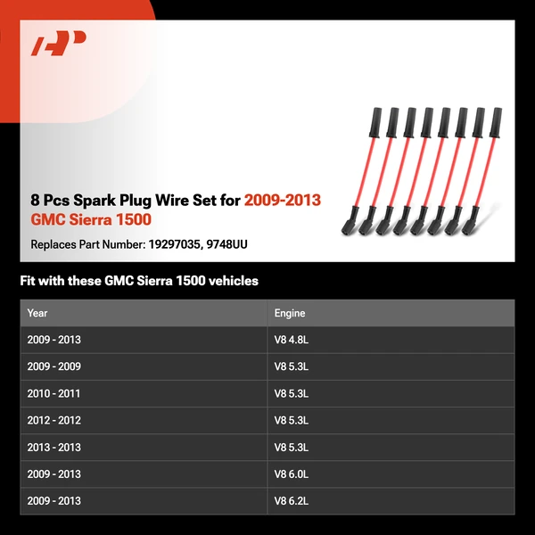 8 Pcs Spark Plug Wire Set for 2009-2013 GMC Sierra 1500