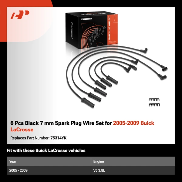 6 Pcs Black 7 mm Spark Plug Wire Set for 2005-2009 Buick LaCrosse