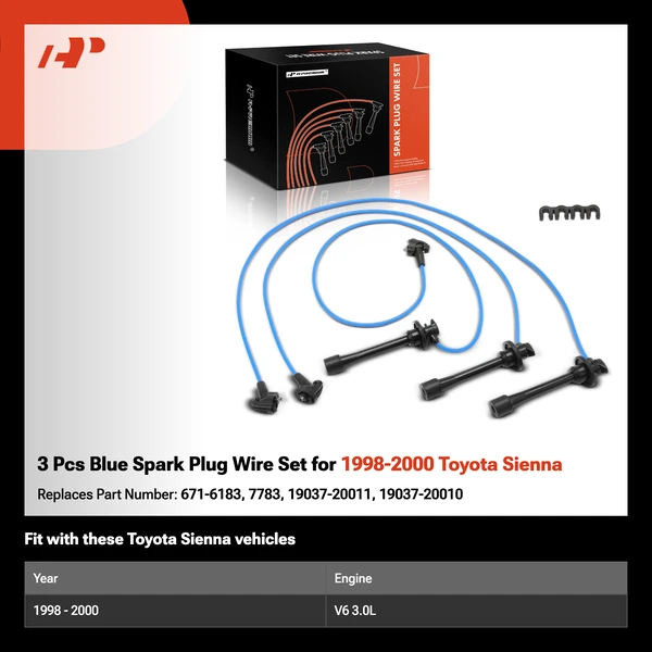 3 Pcs Blue Spark Plug Wire Set for 1998-2000 Toyota Sienna