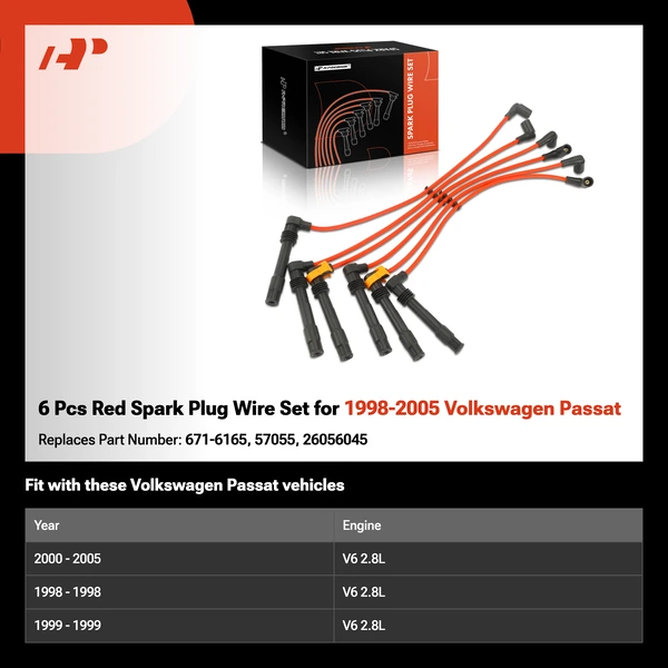 6 Pcs Red Spark Plug Wire Set for 1998-2005 Volkswagen Passat